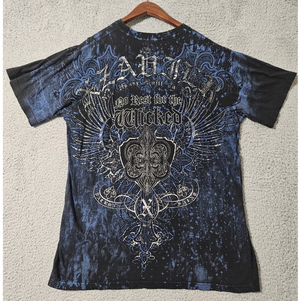 Y2K Xzavier Angel Cross‎ Graphic T-Shirt Black Blue Men's Size XL Cyber Grunge